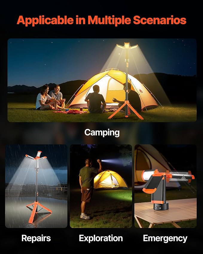 VEVOR LED Work Light with Stand, 13.2Ah, Rechargeable Cordless Camping Light, with 3 Lamp Heads, Detachable Tripod Stand, 2200 Lumens 3000K-6500K Dimmable, Portable Construction Lighting for Job Site