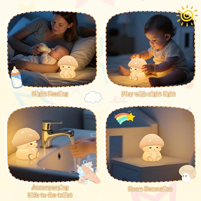Mushroom Night Light, White Silicone Night Lamp, Touch Control with 30/60 min Dimmble, 3 Brightness Levels, 7 Color Changing, LED Night Lights, USB-C Rechargeable, Gifts for Girls Boys
