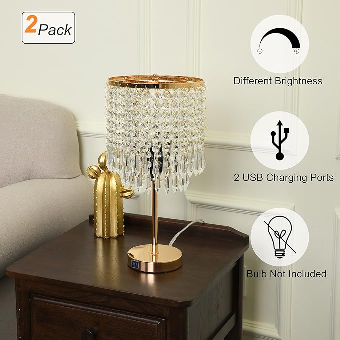 Crystal Table Lamps Set of 2, Gold Lamps for nightstand with 2 USB Charging Ports, 3-Way Touch Dimmable Crystal Desk Lamp, Gold Bedside Lamp with Elegant Shade for Bedroom, Living Room