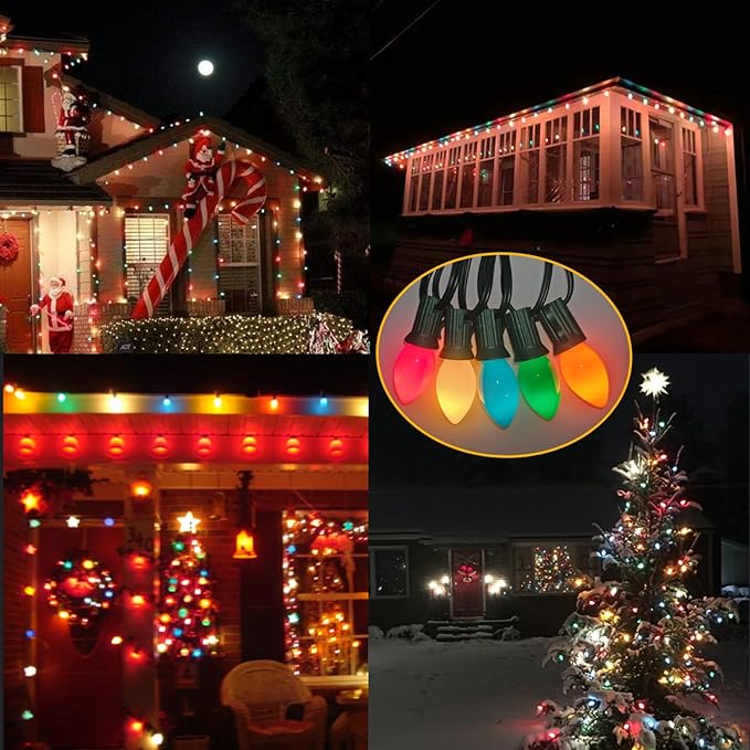 C7 Multicolor Christmas Lights Outdoor 25Ft Vintage Christmas String Light with 27 Ceramic Multicolor Bulbs(2 Spare), Hanging Rainbow Lights for Holiday, Prom, Party, Wedding, Christmas Decor