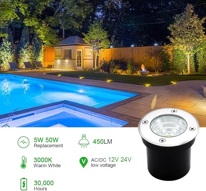 12Pack Well Lights LED Low Voltage Landscape Lights, Outdoor In Ground Light 12V-24V 5W Warm White 3000K, IP65 Waterproof Up Lighting for Pathway, Driveway, Deck, Garden, with Wire Connectors