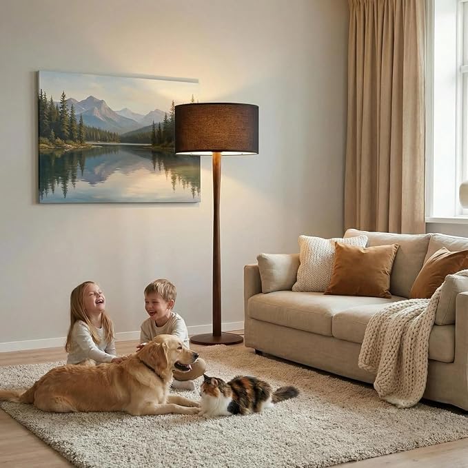 62" Tall Rustic Wood Floor Lamp for Living Room, Farmhouse Walnut Wood Floor Lamps with Linen Shade, UL Listed Standing Lamps with Wooden Base for Bedroom, Dining Room, House, Black Shade