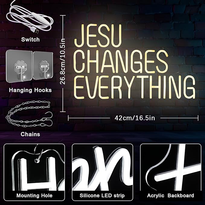 Jesus Changes Everything Neon Sign for Wall Decor Jesus Neon Light Christian Neon Light Sign Warm White Letter LED Light Signs for Bedroom Easter Religious Events Church Decor