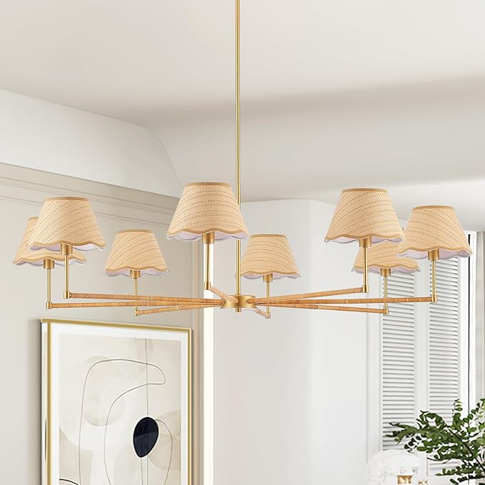 50” Large Boho Rattan Chandelier 8-Lights Rustic Adjustable Coastal Pendant Light for Kitchen Island Dining Living Room, UL Listed