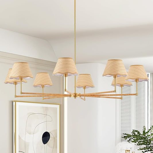 50” Large Boho Rattan Chandelier 8-Lights Rustic Adjustable Coastal Pendant Light for Kitchen Island Dining Living Room, UL Listed