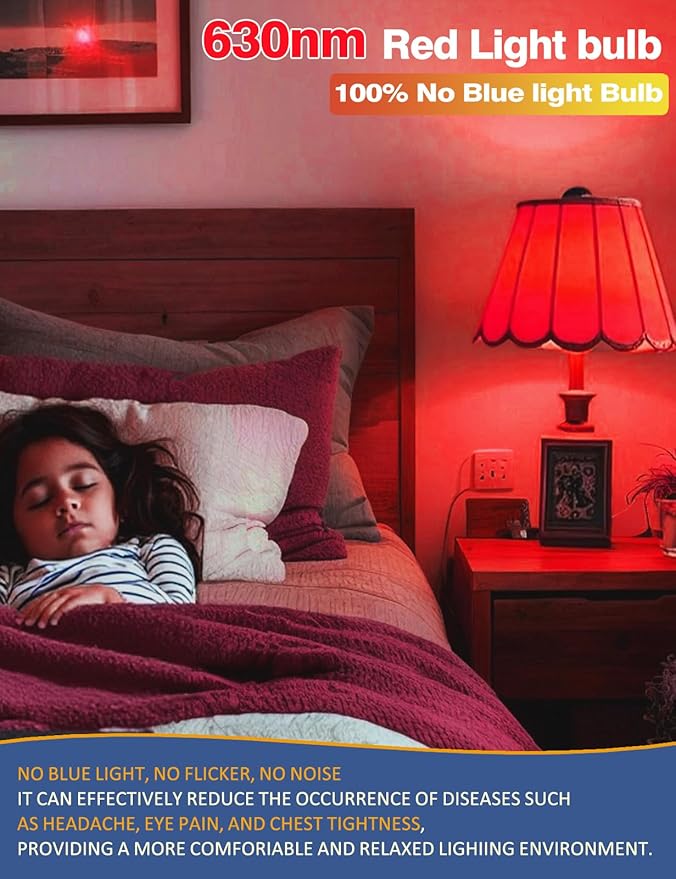 630nm Red Light Bulbs for Sleep Dimmable, 100% Blue Light Blocking, Sleep Light for Melatonin Promoting, A15 E26 5W(40W Equivalent) Dim Light Bulbs for Bedroom, Baby Nursery,4-Pack
