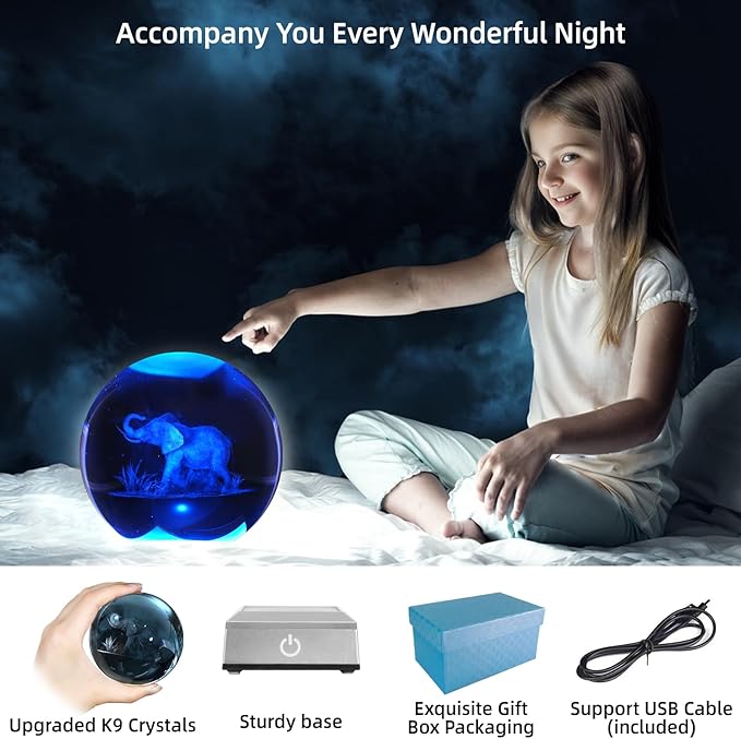 3D Elephant Crystal Ball Night Light 3.15 inch Glass Ball Table Lamp with Color Changing Touch Base Decor Ideal Elephant Gifts for Women Men Kids Christmas Birthday