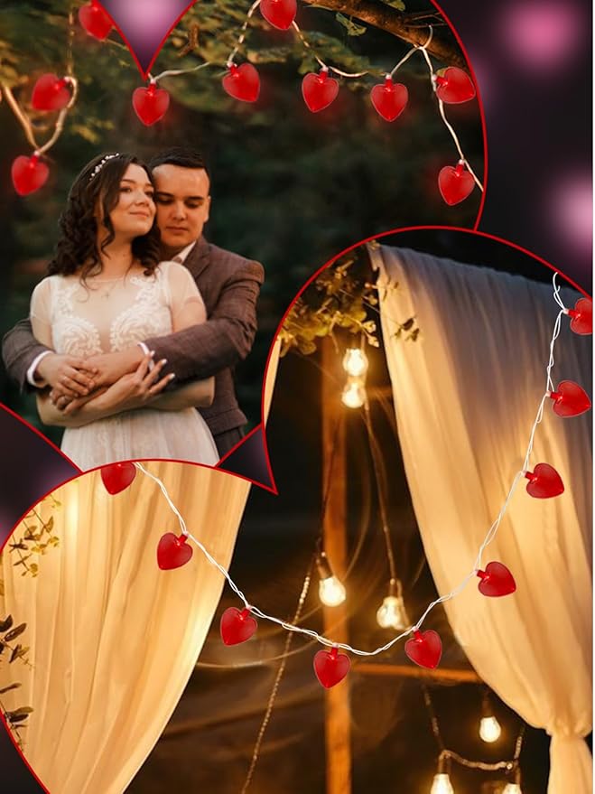 SUNSGNE Red Heart String Lights Valentines Lights, 8.5FT Plug in Fairy String Lights with 10 LED Red Heart Bulbs for Indoor Outdoor Home Room Party Wedding Valentine's Decor, White Wire