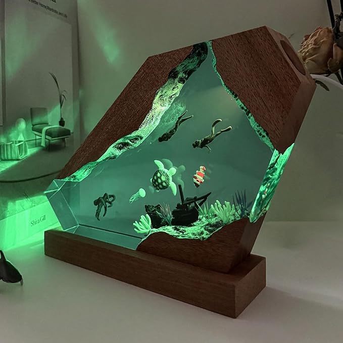Octopus Ocean Resin Lamp, Handmade Wooden Table Resin Night Light, USB Port Art Ornaments for Home Office Decor, Scuba Diver Gifts for Birthday Holiday, Valentine's Day Gifts for Husband