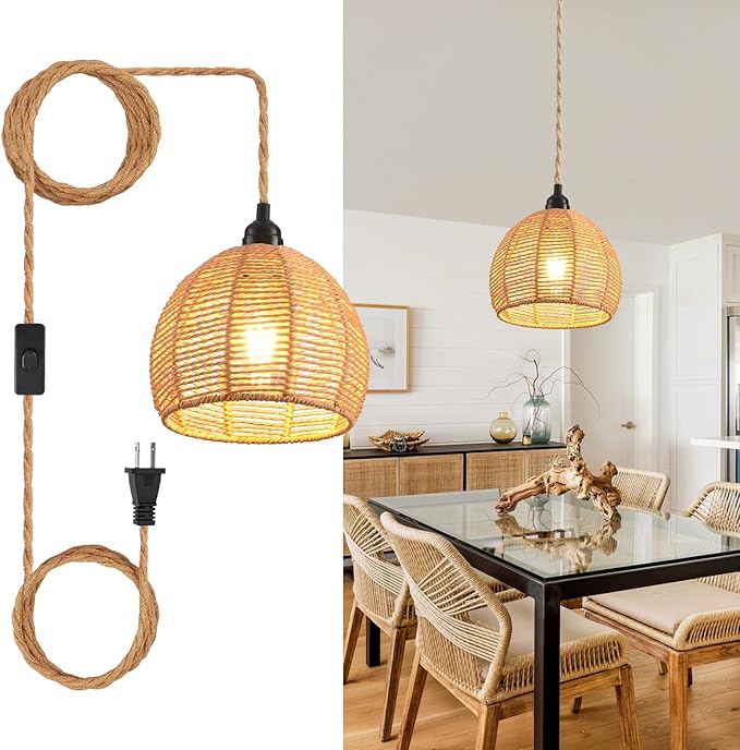 Plug in Pendant Light, Industrial Hanging Light with Plug in Cord Hemp Rope On/Off Switch Farmhouse Pendant Lamp with Plug in Cord, Vintage Hanging Lamps for Dining Room