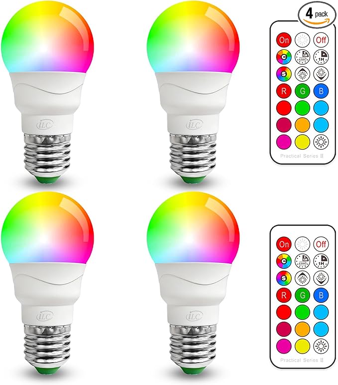 ILC RGB LED Light Bulb, Color Changing 40W Equivalent, 5700K Daylight White, 450LM 5W E26 Screw Base RGBW, Mood Light Bulb - 12 Color Choices - Timing Infrared Remote Control Included (4 Pack)