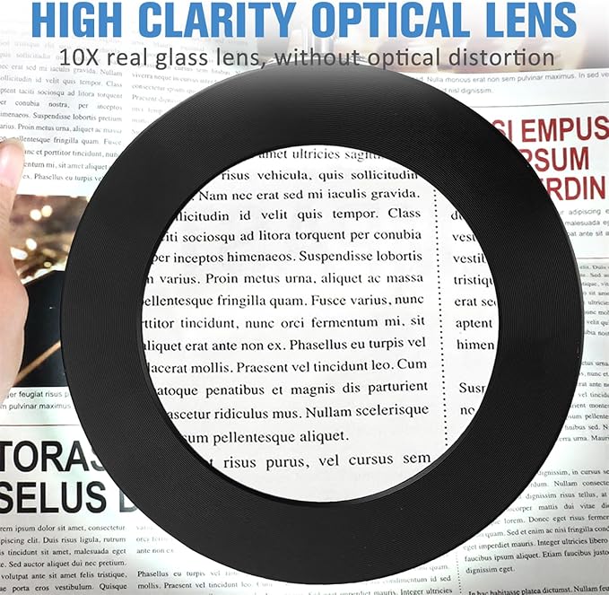 LANCOSC 10X Magnifying Glass with Light and Stand, Optical-Grade Glass Lens, 3 Color Modes Stepless Dimmable, Adjustable Swivel Arm, LED Magnifier Desk Lamp for Close Work Repair Crafts Reading, Black