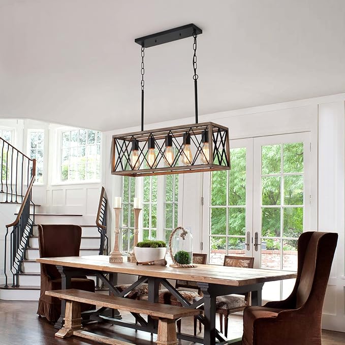 KEESFU 5-Light Dining Room Light Fixture, Farmhouse Kitchen Island Lighting,Adjustable Height Pendant Light, Rustic Linear Chandelier for Kitchen, Dining Room Table, Pool Table. (Wood Grain Color)
