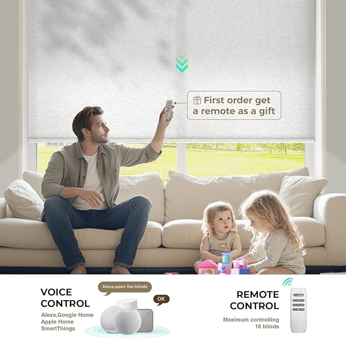 HeyBlinds Motorized Roller Shades, Smart Blinds for Windows, Remote Automatic Window Shades, Electric Shades, Light Filtering, Compatible with Alexa Google Apple Home (Silver Lining-White Clouds LF)
