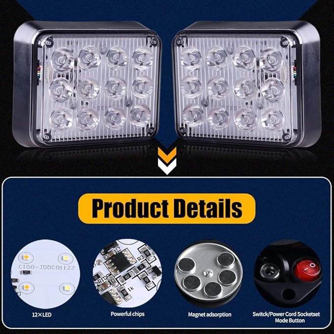 2PCS Magnetic Strobe Lights for Trucks Rechargeable LED Flashing Lights Wireless Portable LED Road Flares Marker Emergency Safety Warning Lights for Trucks Vehicles Car Tow RV(Amber White)