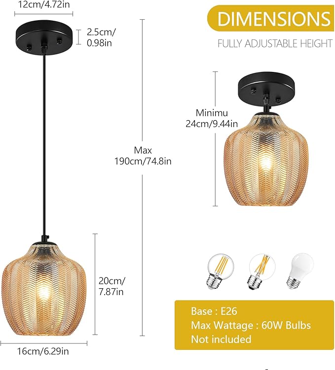 Amber Glass Pendant Lights Kitchen Island 3 Pack 6.29 in Glass Globe Pendant Light Fixture Adjustable Modern Farmhouse Pendant Lighting for Bedroom Dining Room