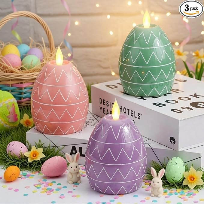 MTLEE 3 Pcs Easter Egg Candles 3 Color Scented Real Wax Led Easter Flameless Candles Spring Battery Operated Egg Shaped Holiday Home Living Party Decoration Centerpiece