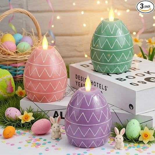 MTLEE 3 Pcs Easter Egg Candles 3 Color Scented Real Wax Led Easter Flameless Candles Spring Battery Operated Egg Shaped Holiday Home Living Party Decoration Centerpiece