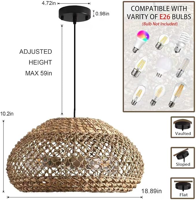 18.89" Large Rattan Pendant Light Fixture, Boho Ceiling Hanging 3-Light Hand-Woven Wicker Chandelier, Suitable for Kitchen Islands, Dining Rooms, and Farmhouses.