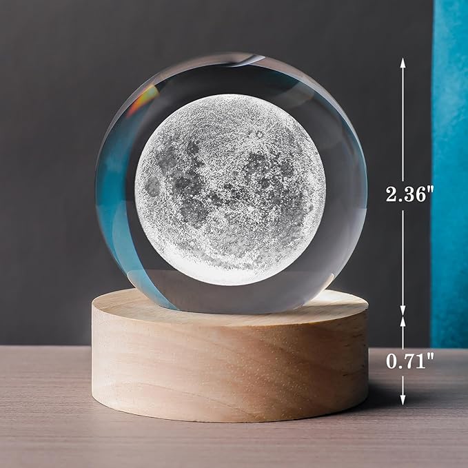 3D Moon 60mm Crystal Ball Astronomy Universe Gifts 3D Moon Model Led Lamp Globe Night Light Physics Gifts for Kids Men Women Him Her Dad Science Teacher