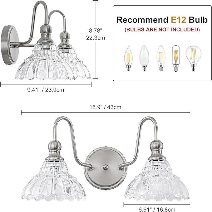 Vintage Bathroom Light Fixtures Over Mirror, 2-Light Brushed Nickel Wall Sconce Lighting with Flower Glass Shade, Farmhouse Vanity Lights for Bedroom Kitchen Living Room Hallway Light