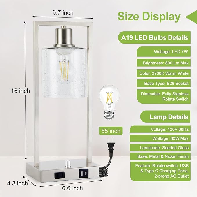 16" Set of 2 Nickel Industrial Table Lamps with USB A+C Charging Ports and AC Outlet, Fully Stepless Dimmable Bedside Lamps with Seeded Glass Shade for Bedroom Living Room Office, LED Bulbs Included