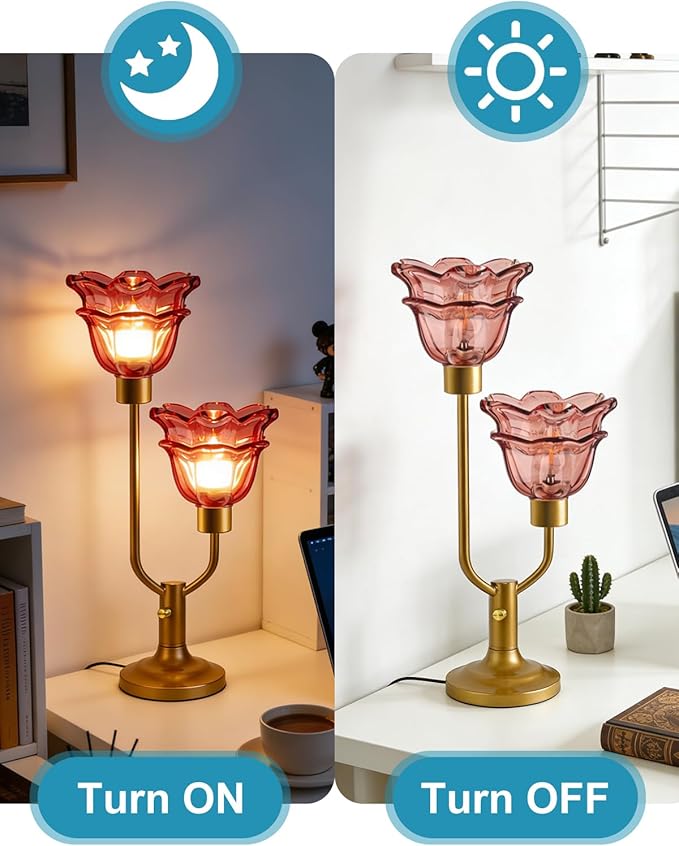 Lightdot Mid Century Modern Flower Table Lamp Gold Dimmable U-Shaped Deep Red Glass Desk Lamps with 2Pcs 3000K Warmwhite Bulbs Included Bedside Nightstand Lamp for Living Room Bedroom
