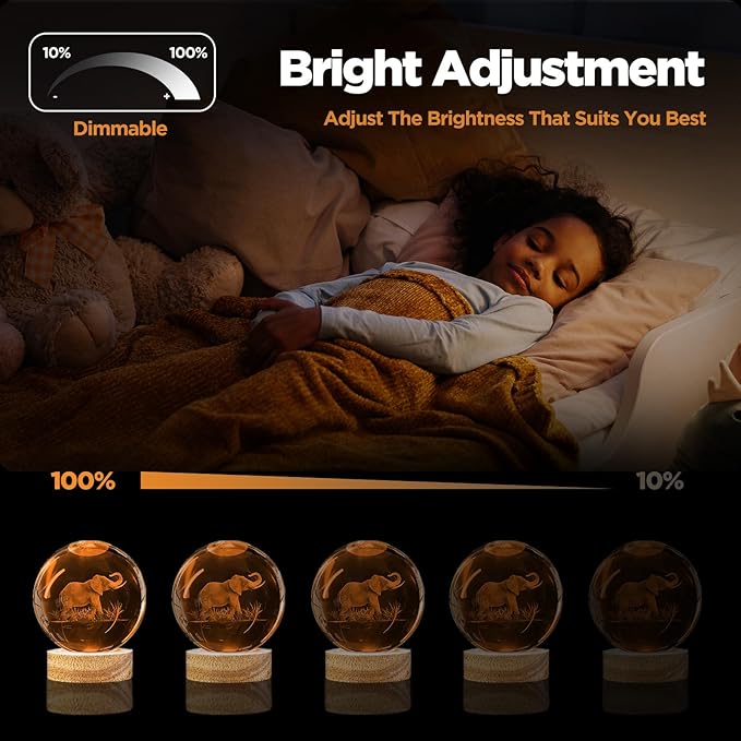3D Elephant Crystal Ball Night Light, 3.15in K9 Lamp with 16 Colors Change, Wooden Base and Remote Control Decor Gifts for Women Kids