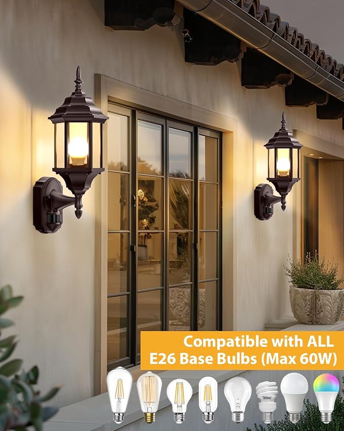 Redluck Motion Sensor Outdoor Lights, 2 Pack 16 inch Dusk to Dawn Outside Porch Lights, Waterproof Anti-Rust Outdoor Wall Lights Exterior Lighting Fixtures for House, Front Door, Brown