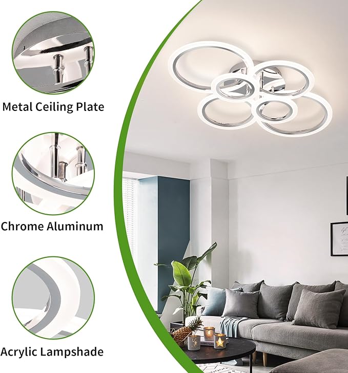Modern LED Ceiling Light Fixture, 6 Rings Dimmable Flush Mount Ceiling Light with Remote, Acrylic Close to Ceiling Lighting Fixture for Low Ceiling Living Room Bedroom Kitchen (6 Heads)