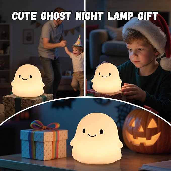 Halloween Ghost Night Light, 50-Hour Battery & Pat Control, Cute Squishy Lamp for Kids Room Decor, USB Rechargeable with Timer, Cute Home Decor