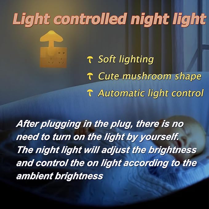ESUPPORT 2 Pack Mushroom-Shaped Energy Saving Sensor LED Night Light with Plug Yellow(Average Life Expectancy 50000h) Yellow