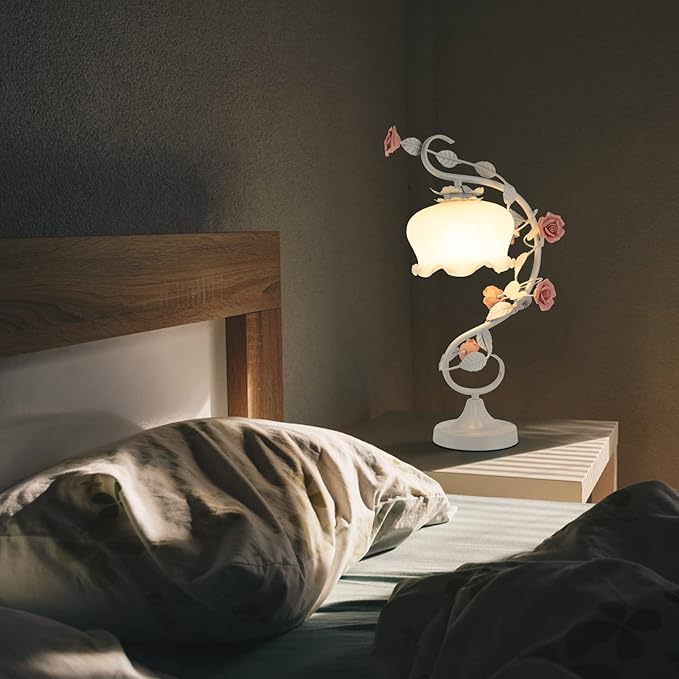 Flower Desk Lamp, E26 Glass Table Lamp Reading Light for Small Space Bedroom Home Office, Bedside Lamp with Soft Light, Applicable 3-5m² Area (White, 5.5" W x 20.4" H)