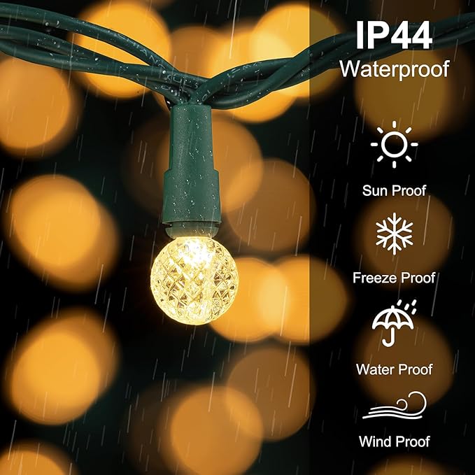 BOHON Christmas Lights Outdoor Faceted G15 50 LED 17ft Plug in Mini Globe String Lights Waterproof Extendable Green Wire for Indoor Patio Xmas Thanksgiving Tree Decoration Warm White