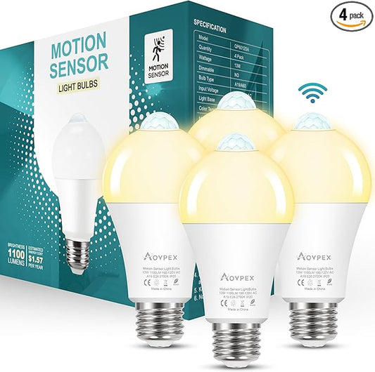 Motion Sensor Light Bulbs, Dusk to Dawn, 13W 100W Equivalent, Movement Activated Security LED Bulb, 2700K Warm White, for Outdoor Indoor, Porch Garage Basement Hallway Closet, 4 Pack
