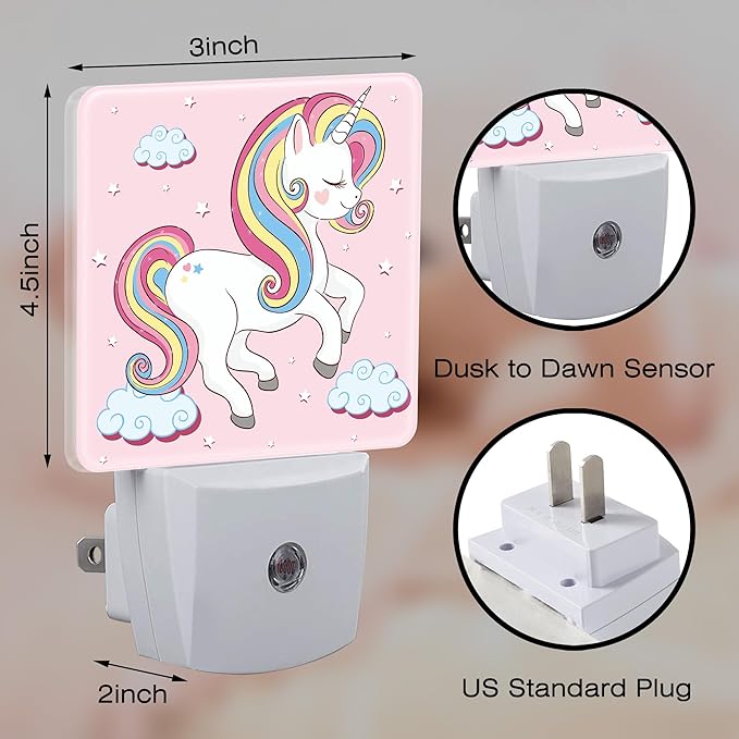 Cute Rainbow Unicorn Night Light, Pink Unicoron Cloud Stars Dusk to Dawn Night Light Plug in,0.5w Energy Saving Sleep Friendly NightLight for Kids Boys Girls Home Decor