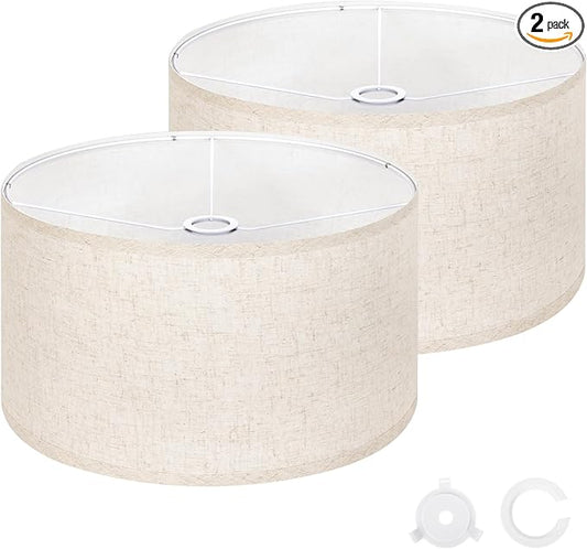 OUTON Beige Lamp shades Set of 2, Large Drum Lamp Shades for Floor Lamps, 16" Top x 16" Bottom x 9" High, Easy to Assemble, Replacement Linen Lampshades for Table Lamps & Bedside Lamps (1.65" Spider)