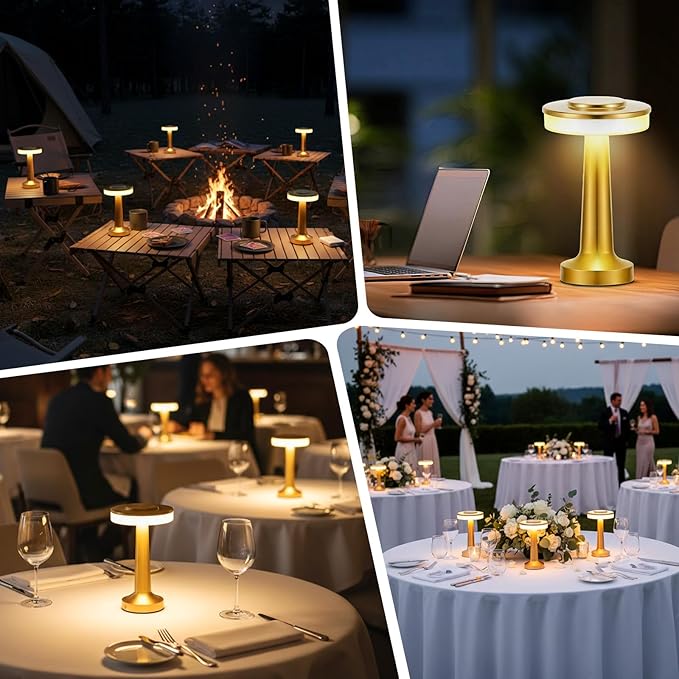 Riakrum 4 Pcs LED Portable Cordless Table Lamp with Touch Sensor 3 Color Stepless Dimming Rechargeable Battery up to 15 Hours Cordless Table Light Wireless Lamp for Nursery (Gold)