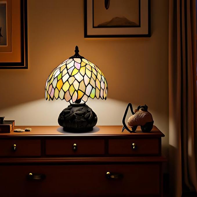 Small Tiffany Mushroom Table Lamp,Mini Memory Sympathy Antique lamp 8X11 Inch (Seven Color Wisteria)