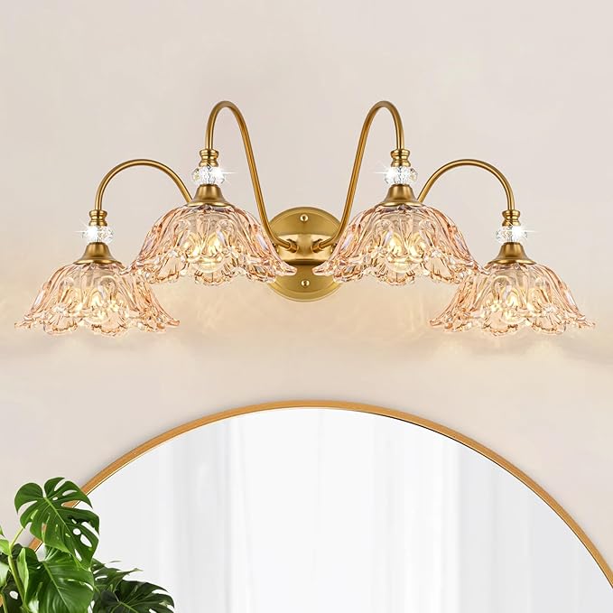 Vintage Bathroom Vanity Light, 4-Light Matte Brass Finish Vanity Light with Floral Amber Glass Shades, Retro Wall Mount Lighting for Bathroom, Dressing Table