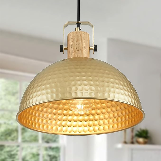 12 Inch Gold Pendant Lights Hammered Matte Pendant Lights for Kitchen Island Industrial Farmhouse Adjustable Height Dome Hanging Light Fixtures for Barn, Dining Room 3 Packs