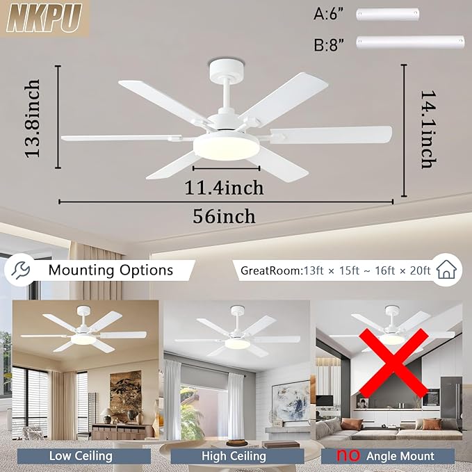 56 Inch Ceiling Fans with Lights, Modern White Ceiling Fan with Light and Remote Control, 6 Double Sided Blades, 6 Speed Reversible Motor, Dimmable LED, Silent Timing, Indoor Outdoor Patio Use
