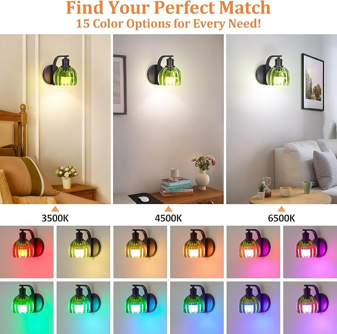 Rechargeable Battery Operated Wall Sconce with Green Glass Lampshade, Wireless Wall Scone Decor with Remote Control, 15 Colors Black Wall Light for Bedside Hallway Bedroom Doorway