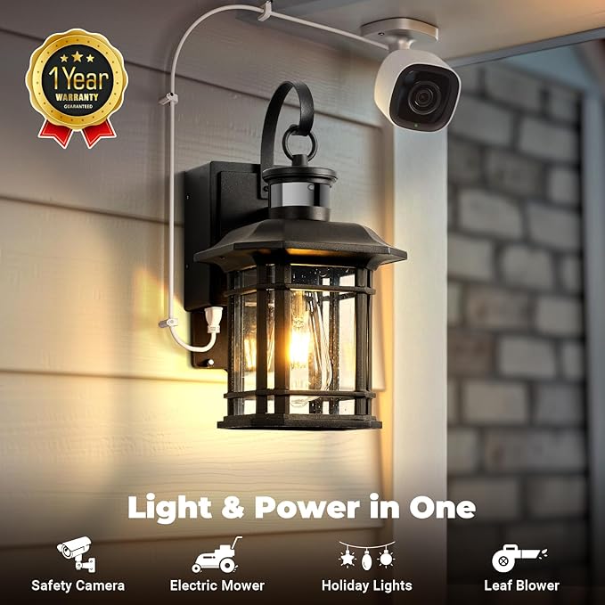 2 Pack Porch Light with GFCI Outlet, Distance and Time Adjustable Motion Sensor Outdoor Lights, Black Dusk to Dawn Outdoor Light with Outlet for House, Garage, Garden, Waterproof, Aluminum