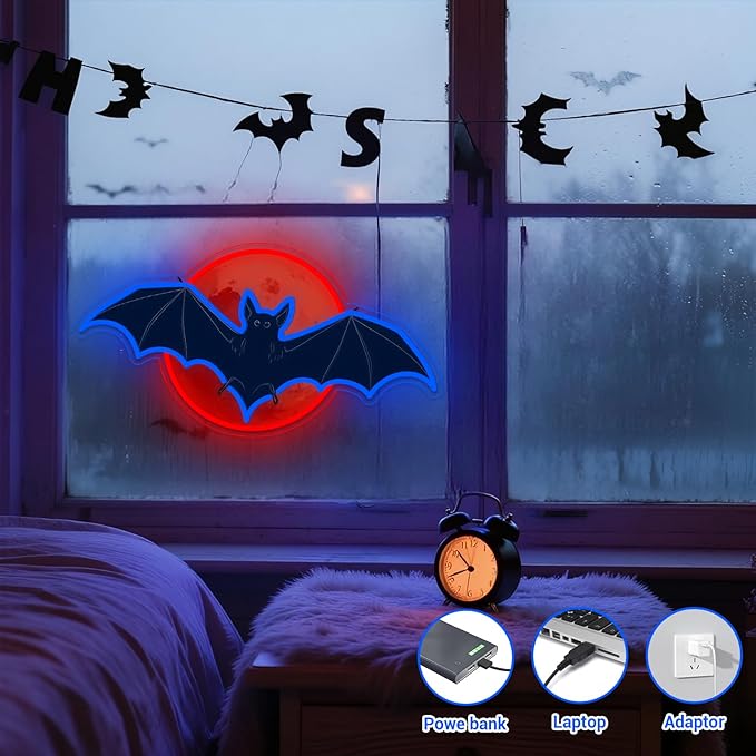 Bat Moon Halloween Window Lights Neon Signs for Indoor Wall Decor, Halloween LED Neon Light Decoration Sign for Party Doors Window (Moon Bat)