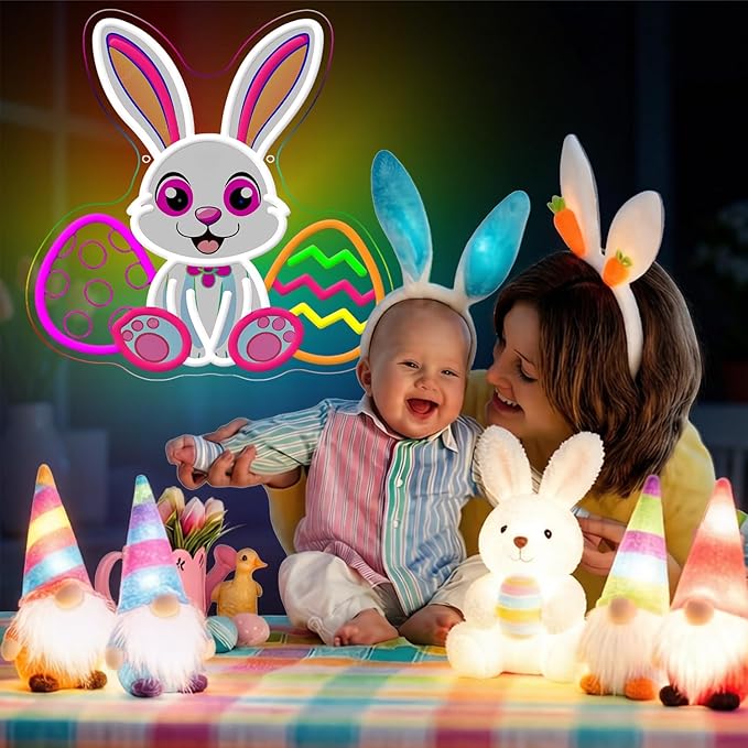 Easter Neon Sign, LED Light Up Bunny Eggs Decorations for Bedroom, Nursery Room, Classroom, Home, Acrylic Wall Mounted Lighted Cartoon Rabbit Decor, Easter Gifts for Boys and Girls, 14 x 13 Inches, USB Powered