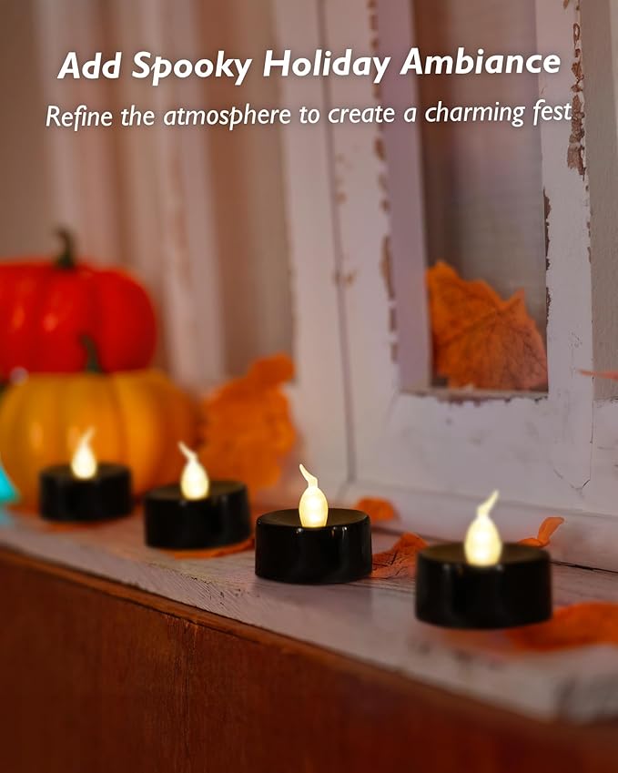 Black Candles, 12 Pack Tea Lights Candles Battery Operated, LED Tealight Candle, Flameless Votive Candle for Fall Holiday Decor, Theme Party -1.4" D X 1.3" H