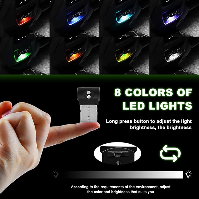 2 PCS Mini USB LED Light, 8 Colors RGB Car USB LED Interior Atmosphere Light, Adjustable Brightness Smart Laptop Keyboard Home Office Decoration Night Lamp, Car Accessories