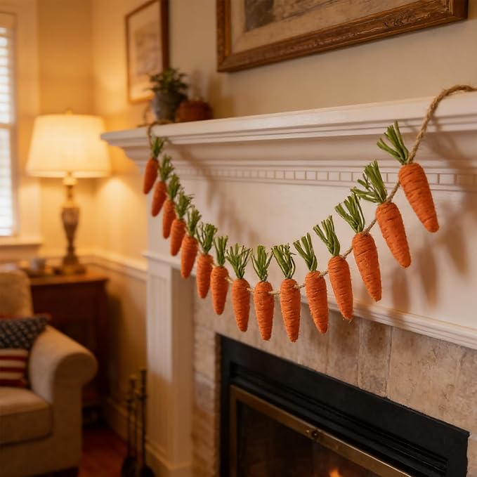 10 FT Artificial Easter Carrot Garland with 15 Carrot Ornaments - Easter Decoration Hanging Banner for Mantel Fireplace Home Kitchen Party Decor