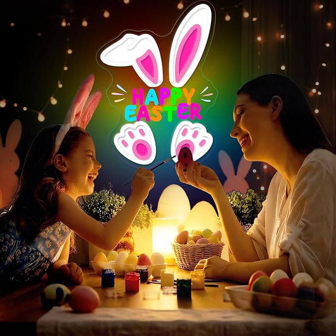 Happy Easter Neon Sign, LED Light Up Cartoon Bunny Decorations for Kids Bedroom, Nursery Room, Classroom, Home, Acrylic Wall Mounted Lighted Rabbit Decor, Easter Gifts for Boys and Girls, 14 x 10 Inches, USB Powered
